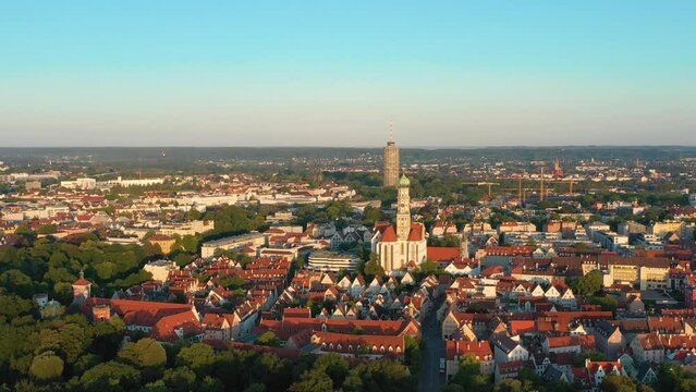 Top view of the city center of Augsburg. St. Ulrich Church.