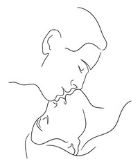 Line art silhouette of a kissing couple. Hand drawn illustration of lovers. Kiss of man and woman in profile