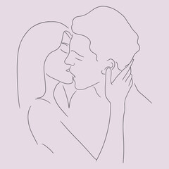 Line art silhouette of a kissing couple. Hand drawn illustration of lovers