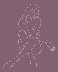 Vector hand drawn illustration of nude woman. Line art silhouette of naked woman sitting with crossed legs