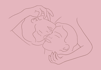 Hand drawn silhouette of happy couple. Line art sketch illustration of smiling lovers