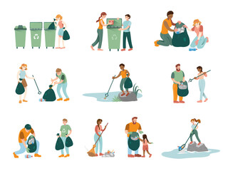 Fototapeta na wymiar Garbage recycling trash sorting rubbish seperation people cleaning nature litter throwing outdoor sweeping waste material washing collecting junks domestic refuse non biodegradable vector illustration