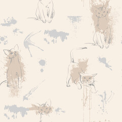 Abstract lineart cats pattern hand drawn for print design. Decorative textile seamless pattern.