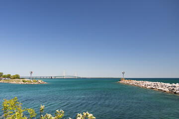Fototapeta premium Mackinac Bridge viewed from Mackinaw City, Michigan, USA