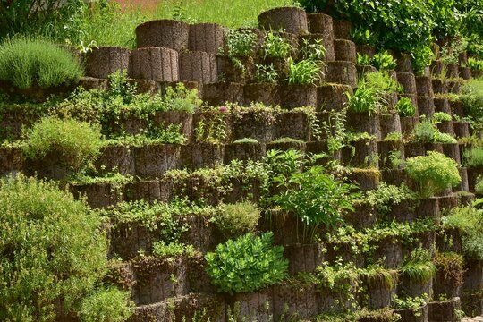 Mauer aus Pflanzringen zur Hangsicherung im Hausgarten