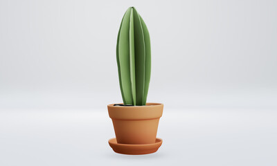 Green cactus in a brown plant pot , planted clay pot isolated on white background. 3D Rendering Illustration.