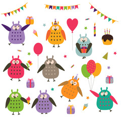 A set of cute cartoon owls with holiday elements: balloons, candles, gifts, sweets, cake, flowers, garlands, flags, Vector flat illustration. Isolated elements. 
