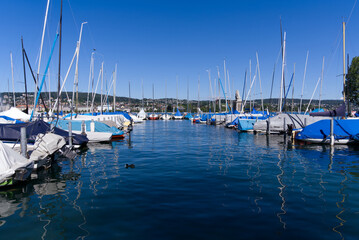 Fototapeta na wymiar Enge port at City of Zürich with sailing boats and masts on a sunny summer day. Photo taken June 11th, 2022, Zurich, Switzerland.