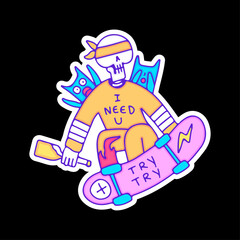 Blindfold skull holding bottle of beer and funny cat freestyle with skateboard, illustration for t-shirt, sticker, or apparel merchandise. With doodle, retro, and cartoon style.