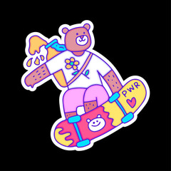 Hype bear with jar of honey riding skateboard, illustration for t-shirt, sticker, or apparel merchandise. With doodle, retro, and cartoon style.