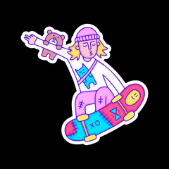 Hype young boy wearing beanie hat with bear and cat riding skateboard, illustration for t-shirt, sticker, or apparel merchandise. With doodle, retro, and cartoon style.