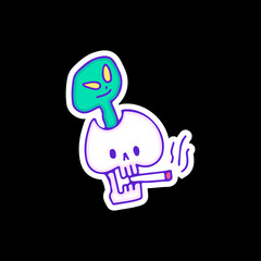 Skull smoke cigarette with alien inside the head, illustration for t-shirt, sticker, or apparel merchandise. With doodle, retro, and cartoon style.