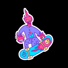 Hype fire skull freestyle with skateboard, illustration for t-shirt, sticker, or apparel merchandise. With doodle, retro, and cartoon style.