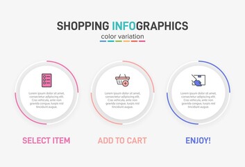 Concept of shopping process with 3 successive steps. Three colorful graphic elements. Timeline design for brochure, presentation, web site. Infographic design layout.