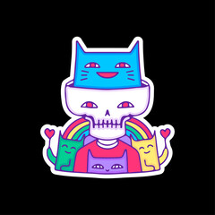 Funny skull and cat gang with rainbow, illustration for t-shirt, sticker, or apparel merchandise. With doodle, retro, and cartoon style.