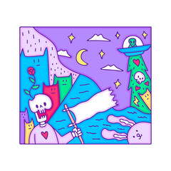 Funny skull holding flag with cat, bunny, and alien ship, illustration for t-shirt, sticker, or apparel merchandise. With doodle, retro, and cartoon style.