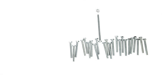 Put right man on the right job concept, stand out idea concept, a lot of nuts and a  bolt on white background