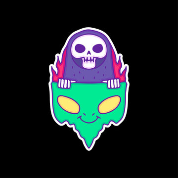Burning grim reaper skull inside alien head, illustration for t-shirt, sticker, or apparel merchandise. With doodle, retro, and cartoon style.