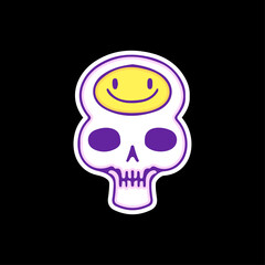 Unique skull head with smile emoticon, illustration for t-shirt, sticker, or apparel merchandise. With doodle, retro, and cartoon style.