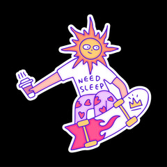 Hype sun character holding cup of coffee and freestyle with skateboard, illustration for t-shirt, sticker, or apparel merchandise. With doodle, retro, and cartoon style.