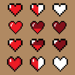 Vector heart icon set. Pixel game life bar. Controller, indicator. Heart minecraft © Ancala