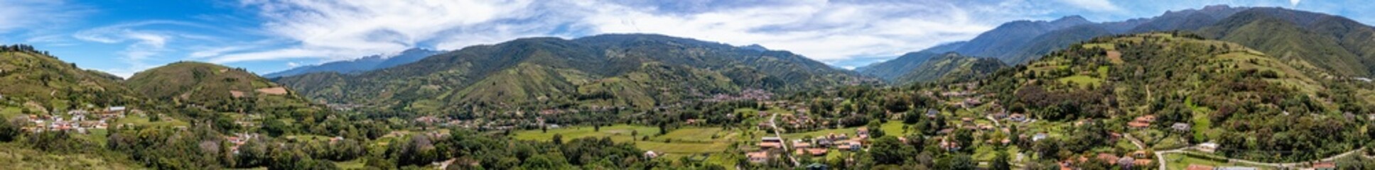 Panoramic aerial view of Mucuchies village on a sunny day. Merida State, Venezuela