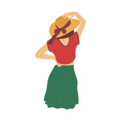 Slim girl in a hat looks ahead. Back view. Colorful vector isolated illustration hand drawn. Summer time. Elegant woman in skirt and top. Beauty and femininity