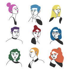 Avatars of girls and guys in doodle style on white background
