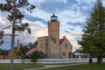 Fototapeta na wymiar Old Mackinac Point Lighthouse at sunset, Mackinaw City, Michigan