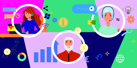 illustration support service specialists with infographics