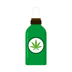 Glass dropper bottles vector with cbd oil on beige background with marijuana leaf. Hemp based cosmetics. Natural herbal hemp essential oil in a glass pipette bottle.