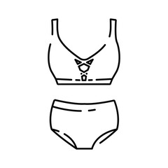 Swimwear women's clothing collection badges vector. Glamor beach suit, women's bikini, underwear for swimming, women's beachwear concept line icons. Contour Illustration. Summer