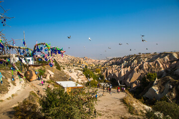 Valley of doves panoramic view near Uchisar castle in sunrise, Cappadocia