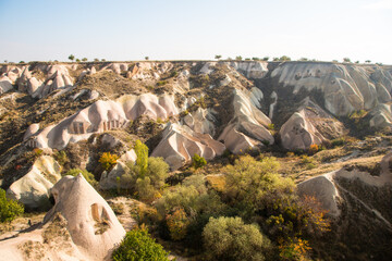 Valley of doves panoramic view near Uchisar castle in sunrise, Cappadocia