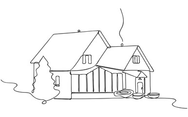 Continuous One Line drawing of House with Tree. Abstract country wooden house in minimalism style. Continuous hand drawn sketch. Vector