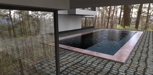 The yard of luxury house. Pool and forest. 3 D render.. A great idea for an advertising banner for the real estate sale. Good idea for young designers. 