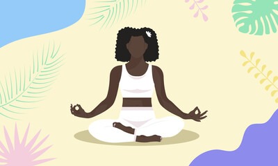 Dark-skinned girl doing lotus yoga pose graphic illustration