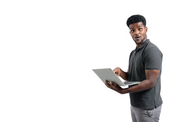 Obraz na płótnie Canvas Portrait of attractive african american black man wearing casual wear in smart look, holding laptop computer with surprise emotion, isolated on white background.