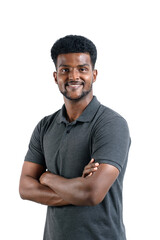 Fototapeta premium Portrait of attractive african american businessman wearing casual wear in smart look, Confident young black man isolated on white background.
