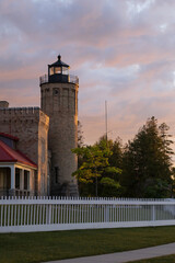 Old Mackinac Point Lighthouse at sunset, Mackinaw City, Michigan