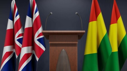 Flags of United Kingdom and Bolivia at international meeting or negotiations press conference. Podium speaker tribune with flags and coat arms. 3d rendering