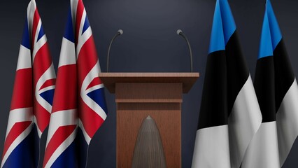 Naklejka premium Flags of United Kingdom and Estonia at international meeting or negotiations press conference. Podium speaker tribune with flags and coat arms. 3d rendering