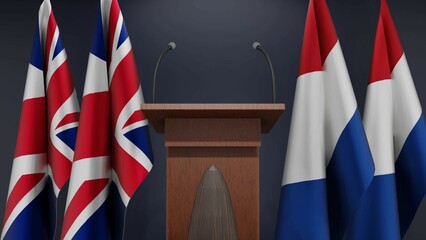 Flags of United Kingdom and Netherlands at international meeting or negotiations press conference. Podium speaker tribune with flags and coat arms. 3d rendering