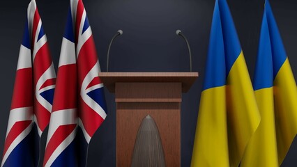 Flags of United Kingdom and Ukraine at international meeting or negotiations press conference. Podium speaker tribune with flags and coat arms. 3d rendering