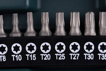 Macro detail of a set of torx screwdriver bits