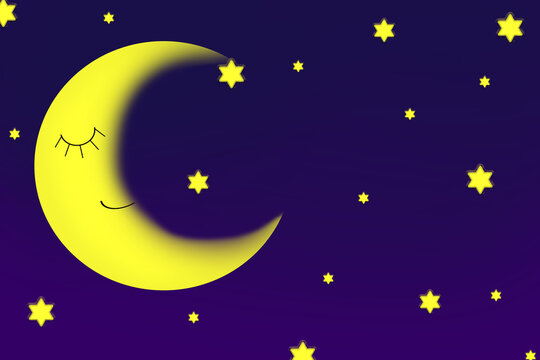 A crescent moon with face and stars in the night sky