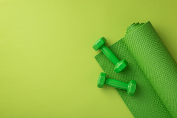 Fitness accessories concept. Top view photo of green sports mat and dumbbells on isolated green...