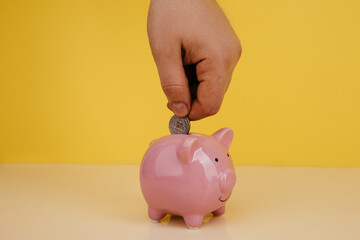 Hand is putting coin into piggy bank. Saving money or investment concept