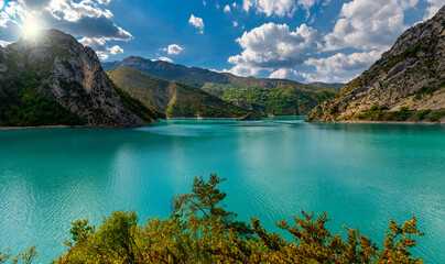 Scenic panorama view on lake Castillon in Provance, France.