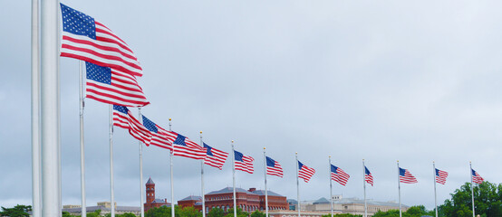 Row of American Flags poles at Memorial Park, Washington DC, USA